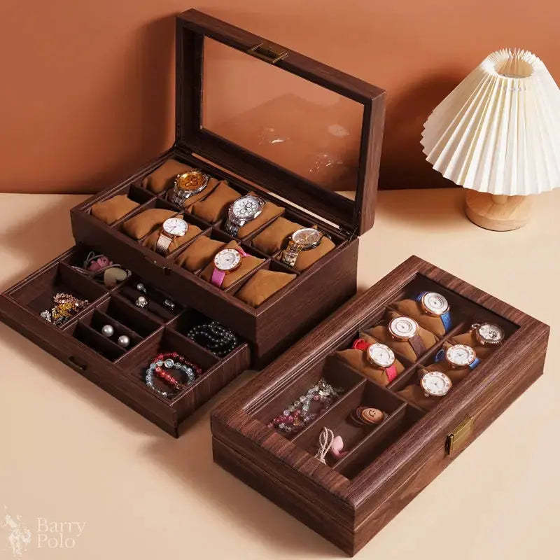 DELESYS New Style Retro Wood Grain Leather Watch Box Brown Wood Grain PU  Dustproof Glass Display Clamshell Watch Storage Box