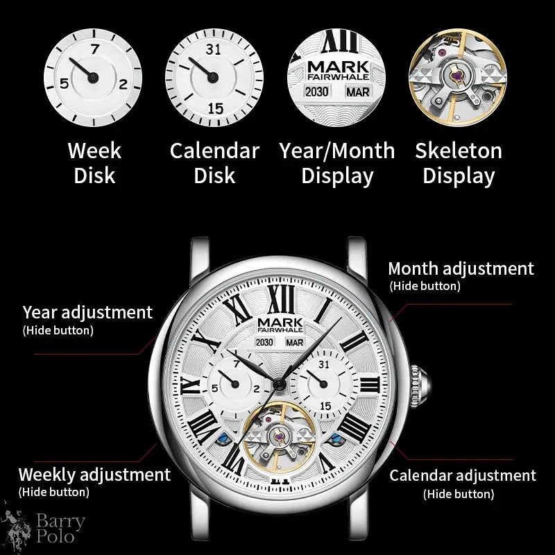 MARK FAIRWHALE 6017  Fashion Automatic Watches Moon Display Year Multi Functional Waterproof Mechanical Watches for Man